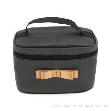 Large Capacity Bow Gray Polyester Plain Cosmetic Makeup Brush Portable Bags Case with Mirror